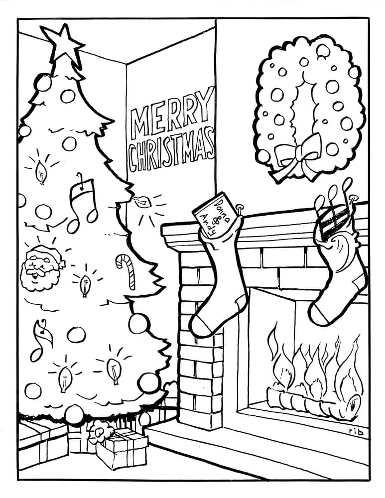 Christmas Tree and stockings - coloring page